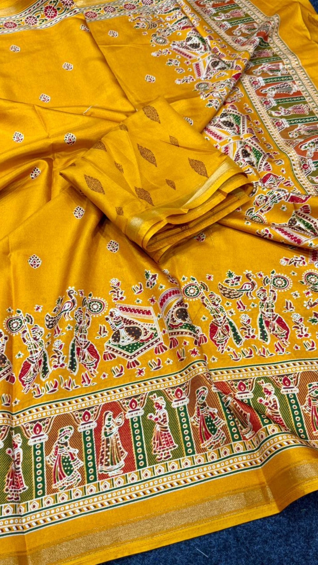 Mustard Yellow Russian Dola Silk Saree with Pashmina Hand Block Print Border