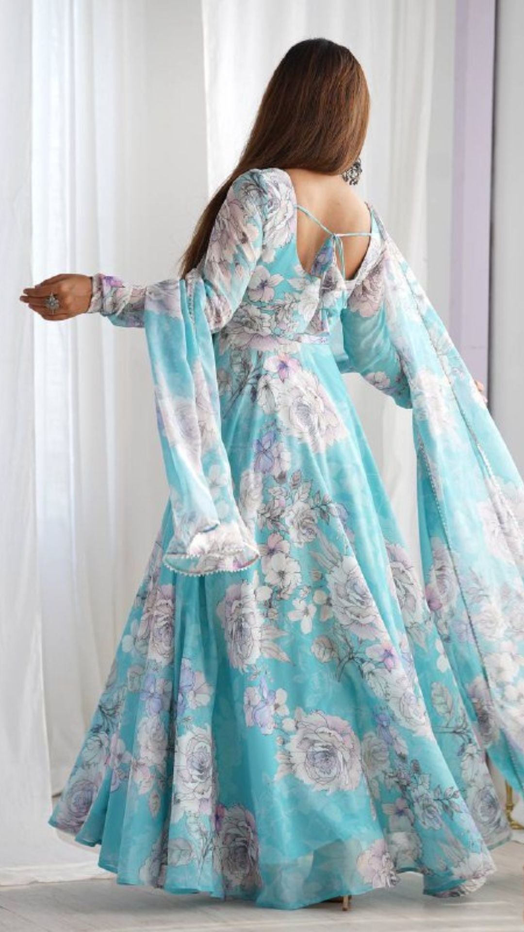 Sky Blue Floral Print Anarkali Suit with Dupatta for Women