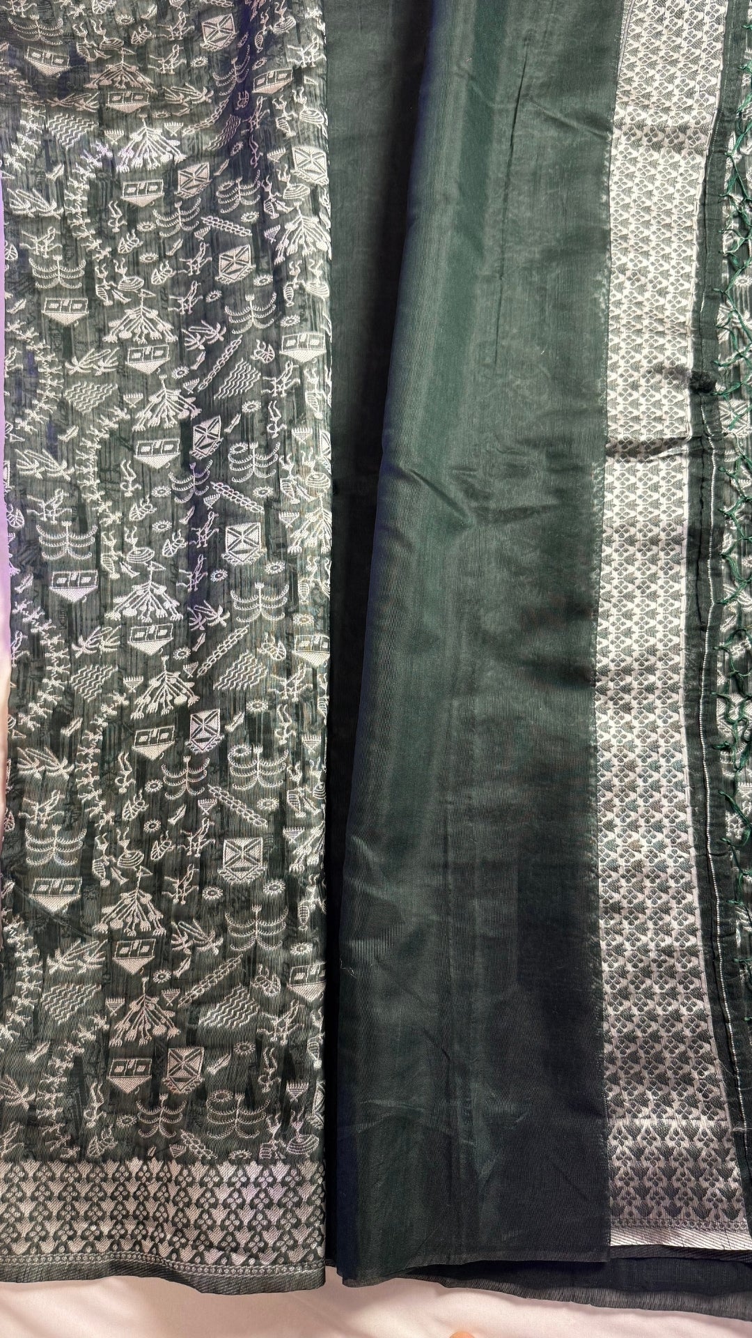 Banarashe Pure Cotton Banarasi Saree in Deep Green with Village Scene Weave
