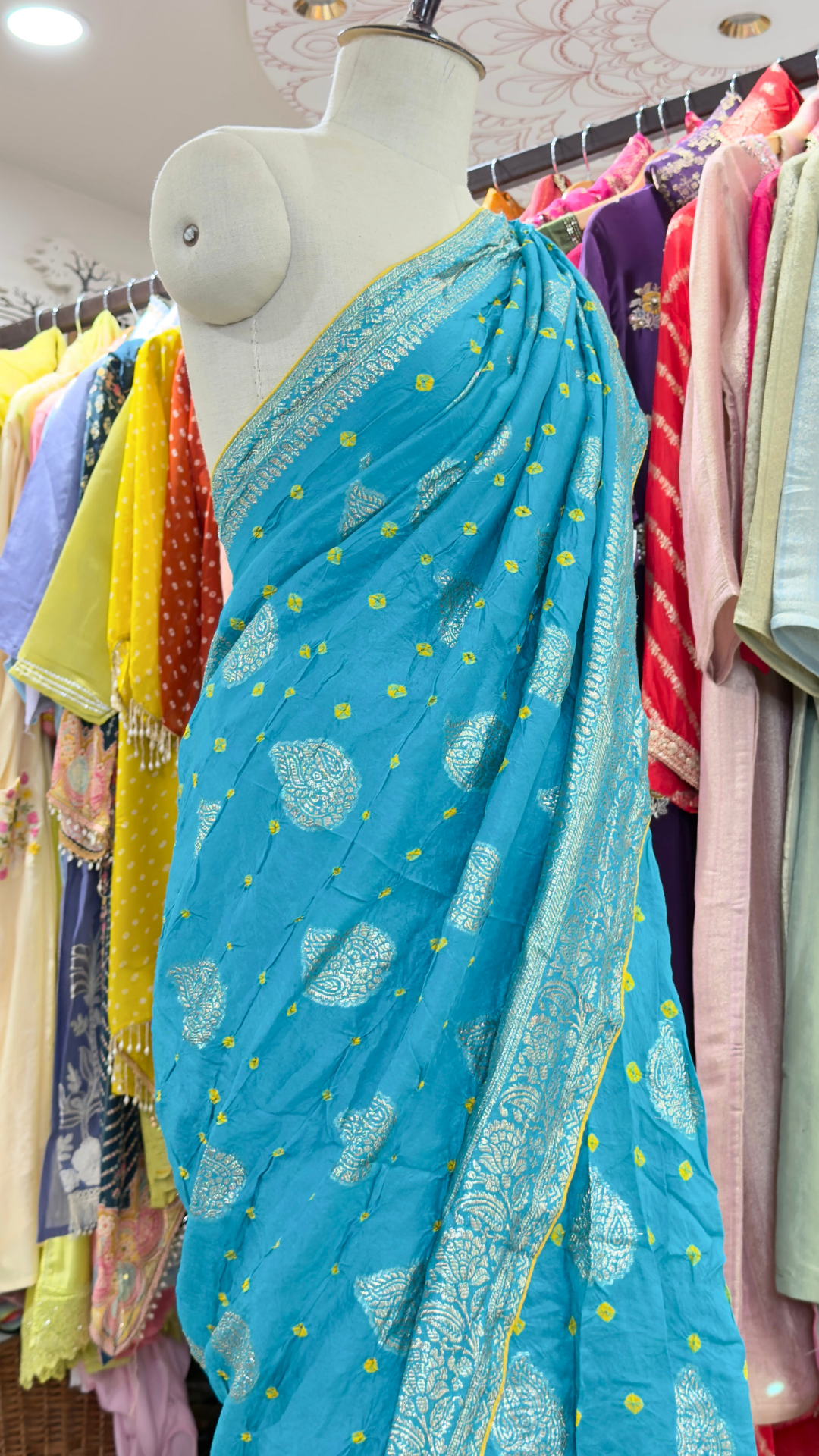 Banarashe Women’s Turquoise Blue Banarasi Saree with Golden Buti Motifs & Rich Woven Border