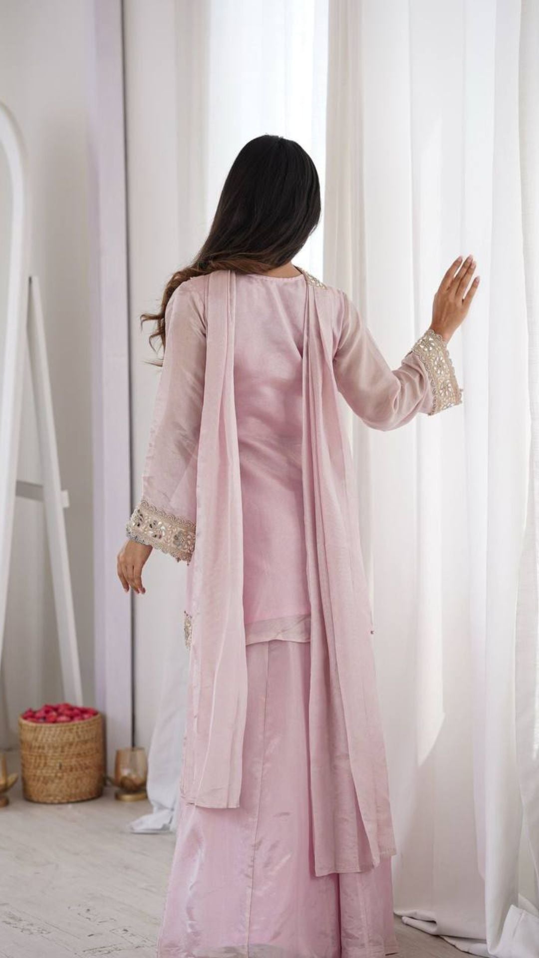 Pink Mirror Work Palazzo Suit Set for Women