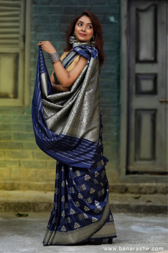 Navy Blue Handloom Katan Pure Silk Saree