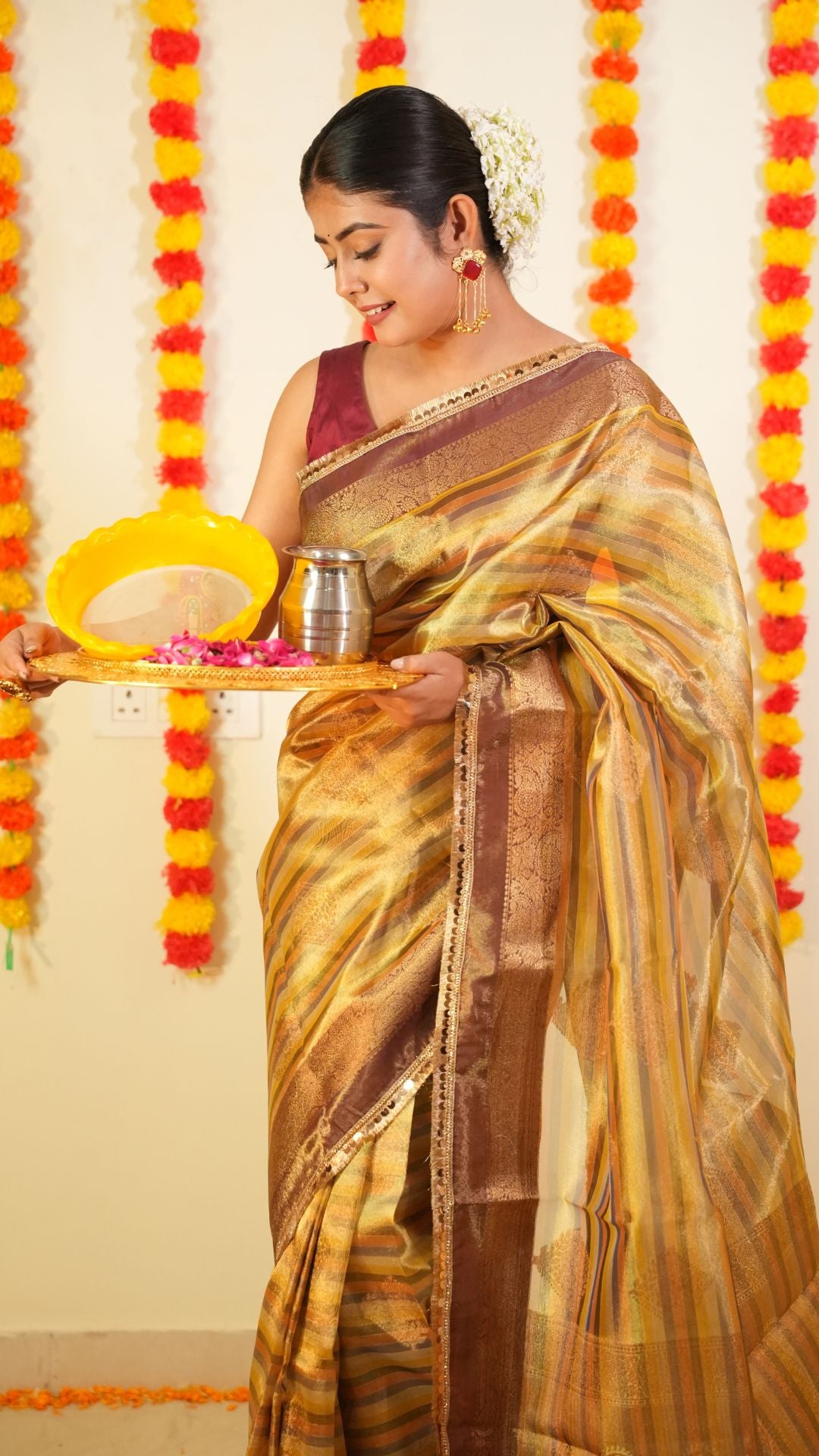 Golden Pure Tissue Silk Lace Work Gota patti designe Saree with Maroon Border