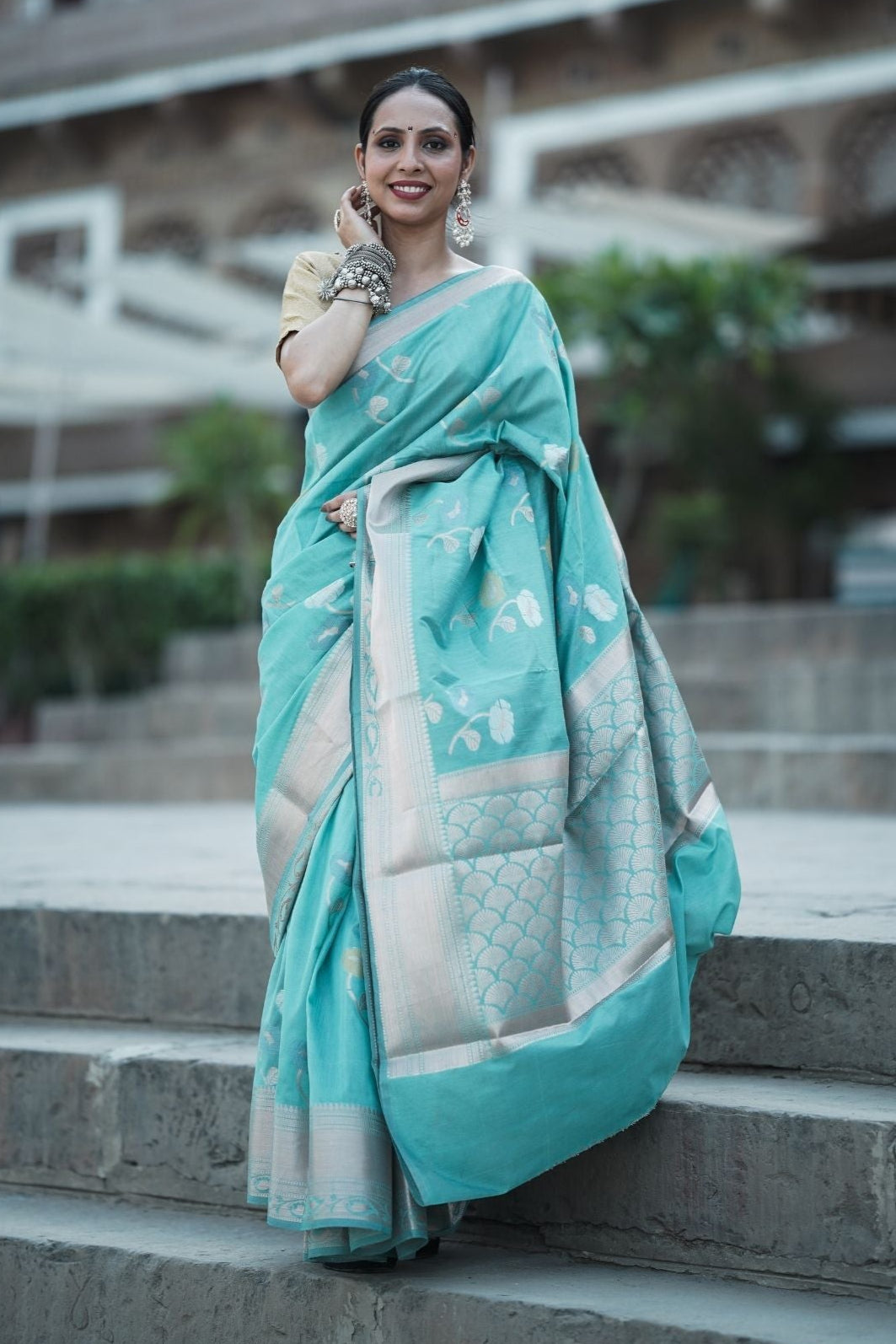 Banarashe Sky Blue Mercerised Cotton Alfi Saree with Silver Zari Work