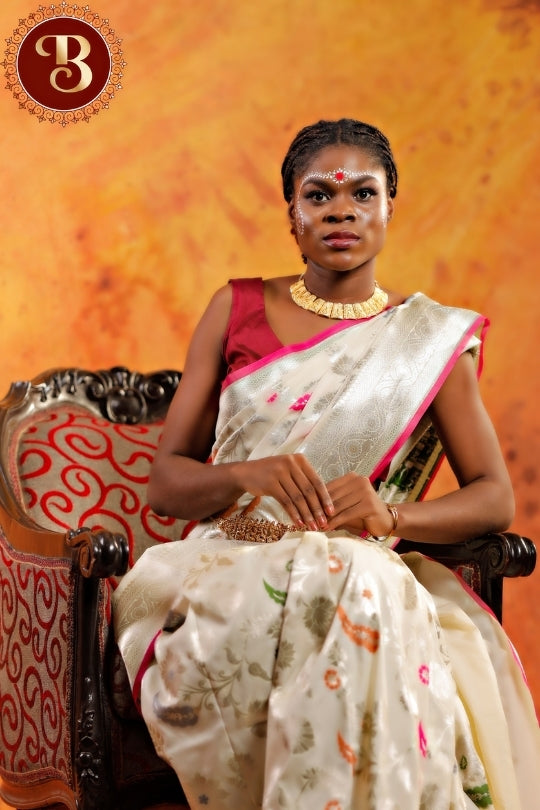 Cream with Pink Border Work Handloom Katan Pure Silk Saree