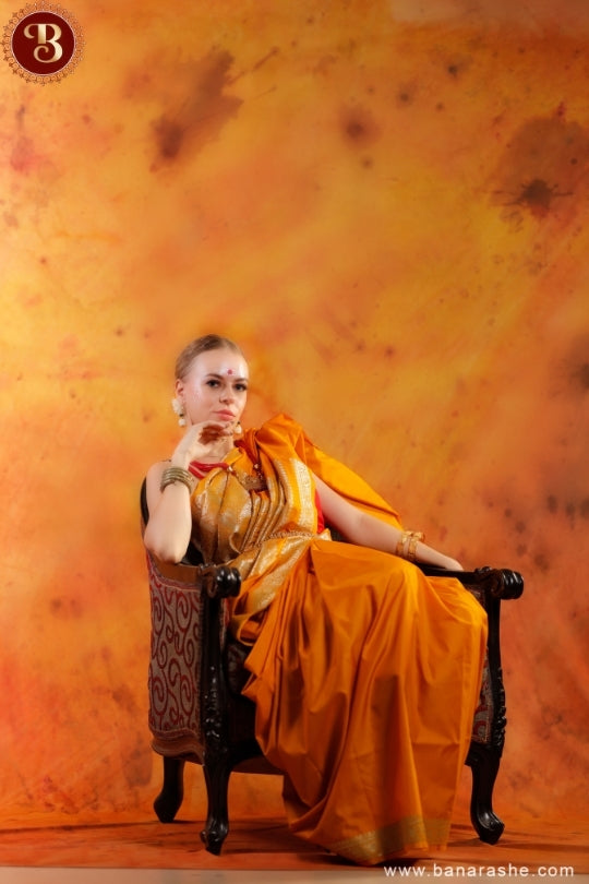 Mustard Yellow Art Work Handloom Katan Pure Silk Saree