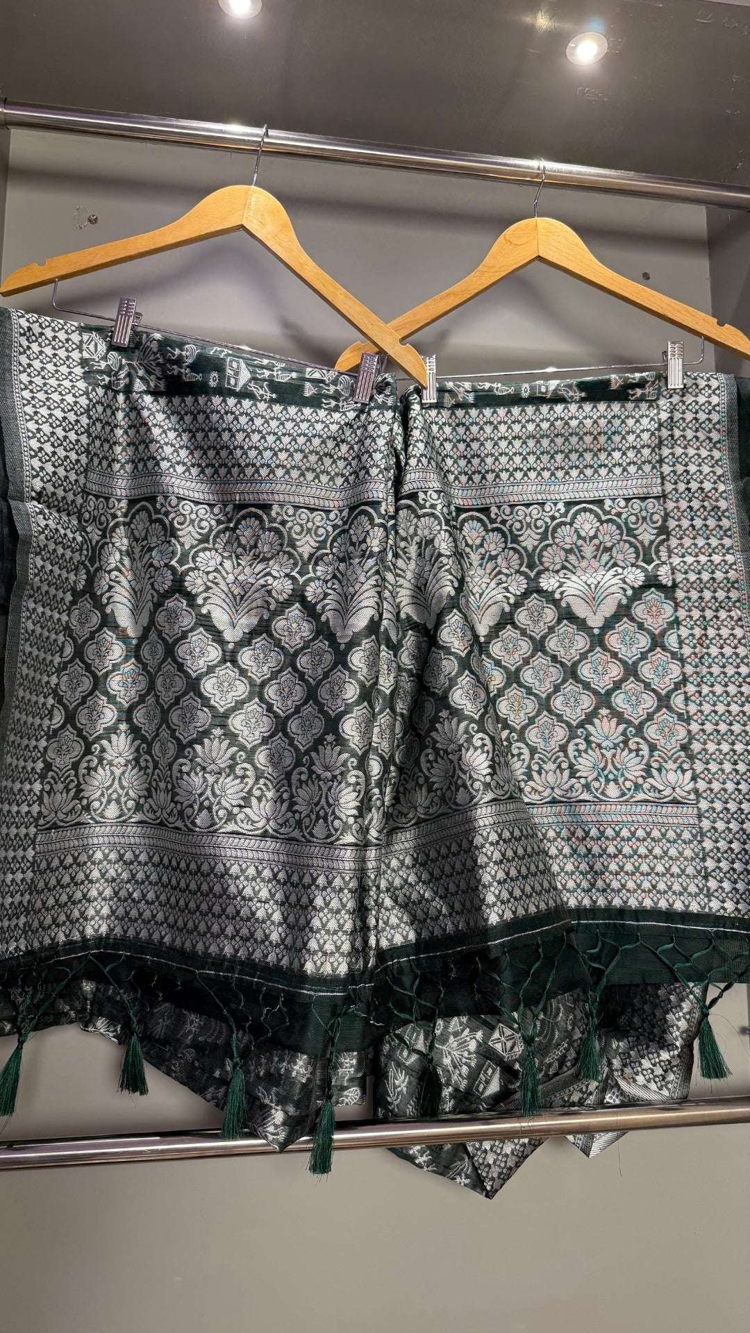 Banarashe Pure Cotton Banarasi Saree in Deep Green with Village Scene Weave