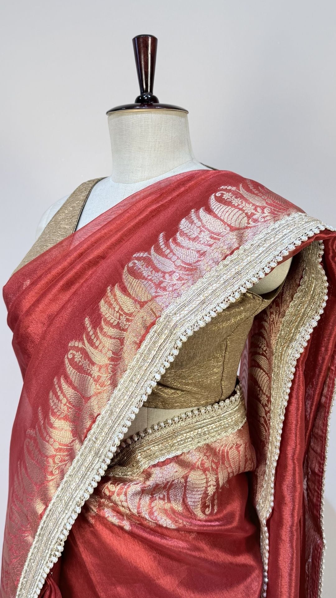 Red Tissue Saree with Rich Zari Border & Moti Lace