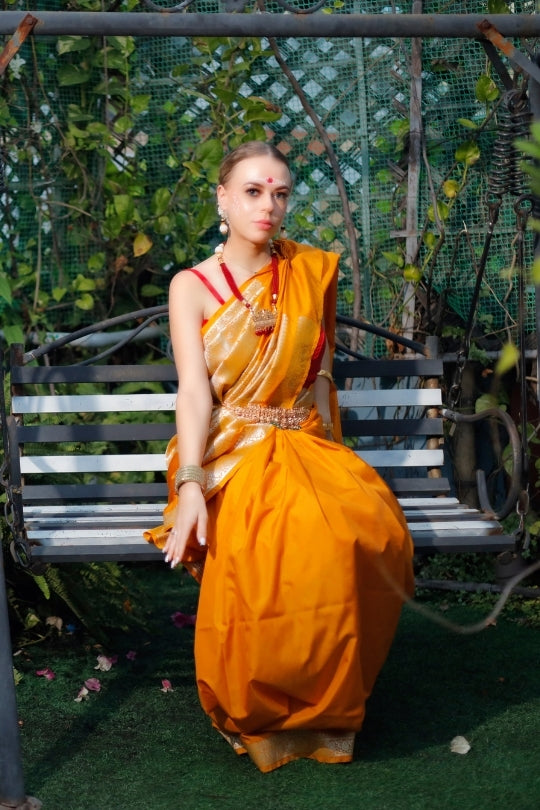 Mustard Yellow Art Work Handloom Katan Pure Silk Saree