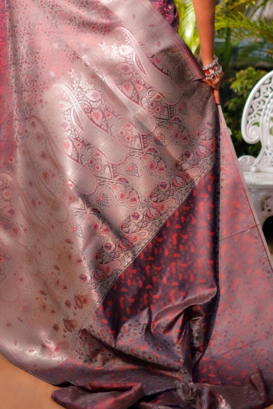 Wine Art Work Handloom Katan Pure Silk Saree