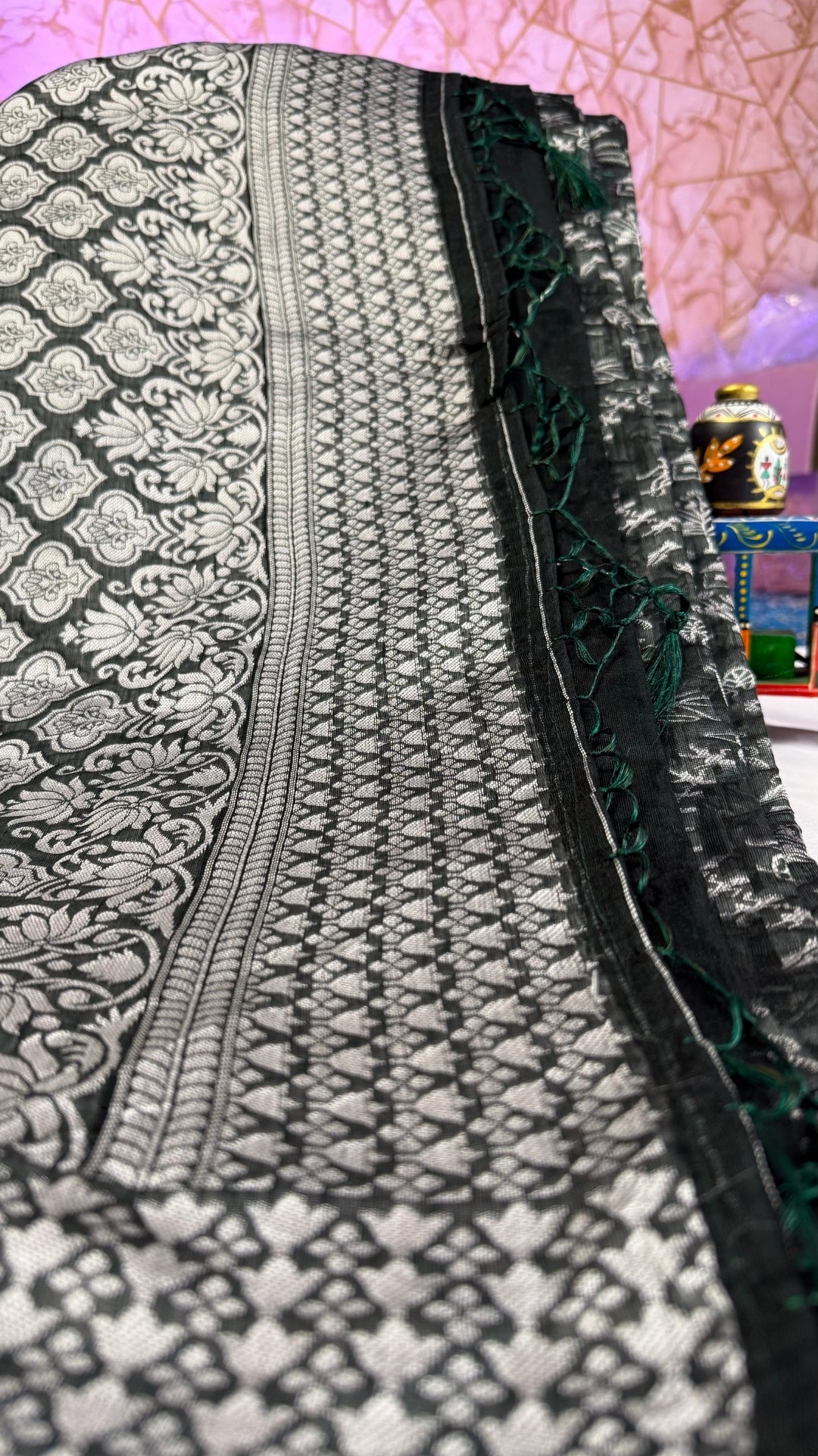 Banarashe Pure Cotton Banarasi Saree in Deep Green with Village Scene Weave