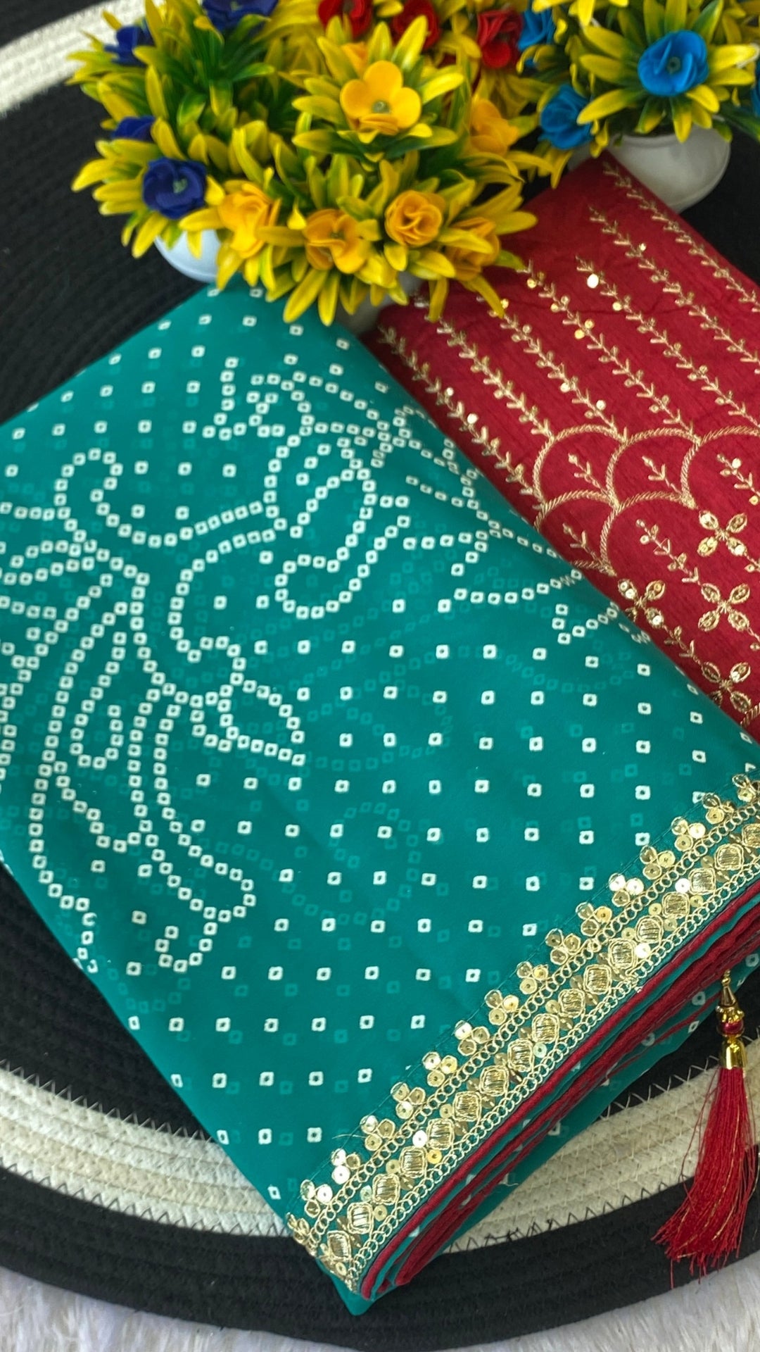 Teal Green Georgette Bandhani Saree