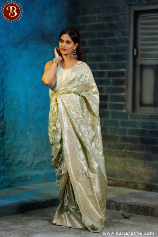 Cream with Brown Border Work Handloom Katan Pure Silk Saree