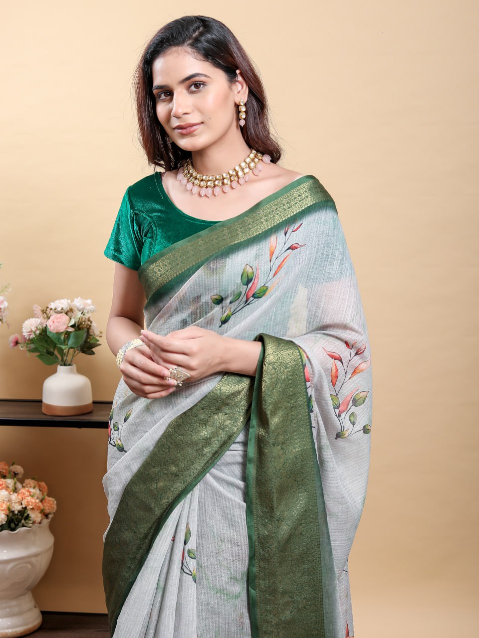 Elegant Light Grey Saree with Modern Floral Print and Zari Border