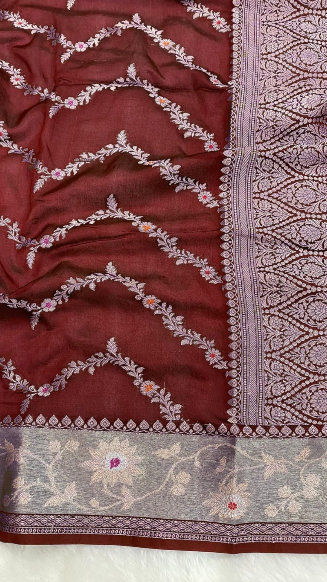 Royal Maroon Red Banarasi Semi Chiffon Saree with Zari Laheriya Weaving & Meenakari Work