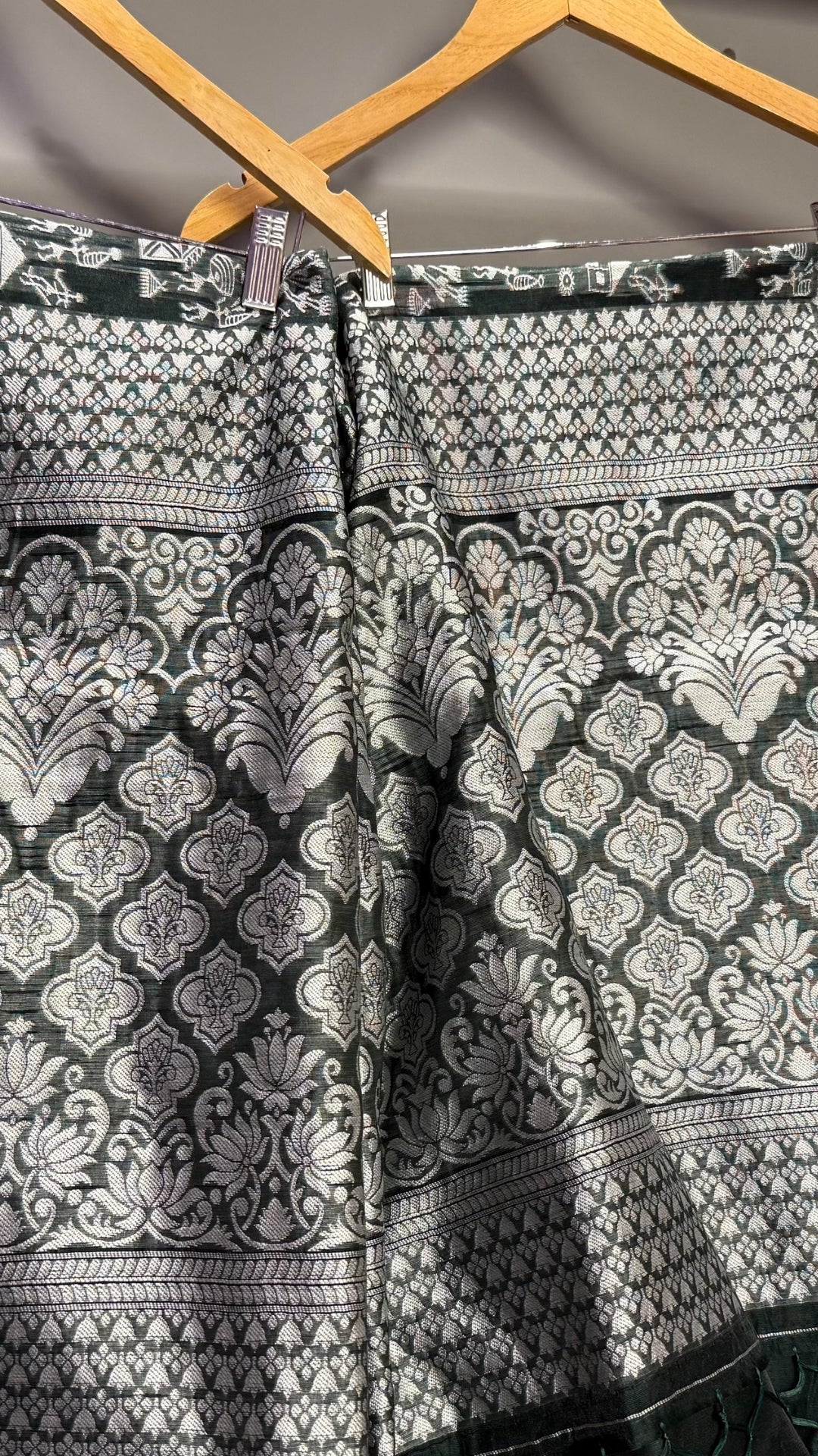 Banarashe Pure Cotton Banarasi Saree in Deep Green with Village Scene Weave