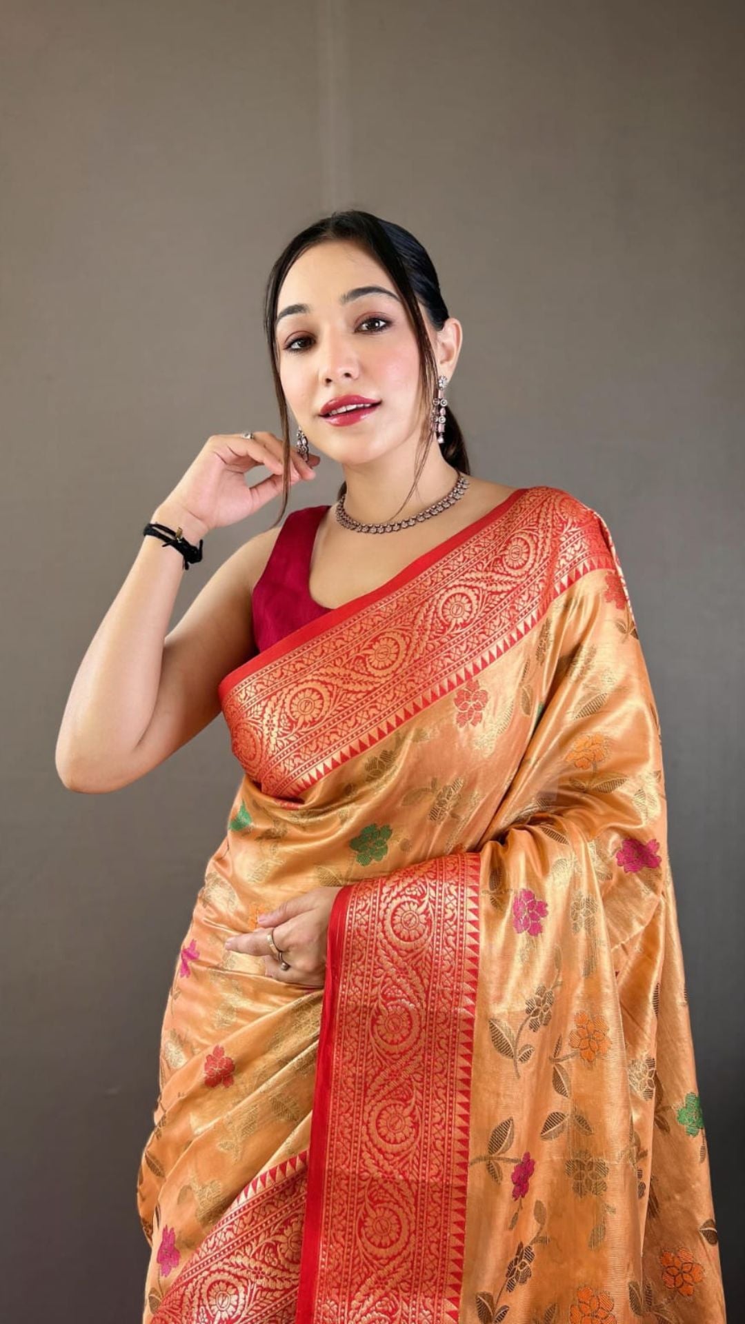 Gold Organza Tissue Silk Saree with Red Zari Border & Brocade Pallu