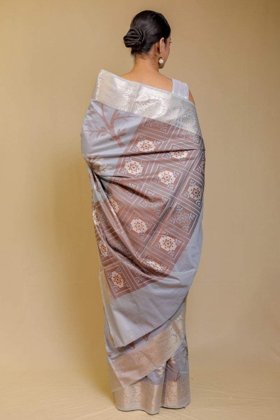 Regal Ash Grey Banarashe Designer Tree Pattern Pure Cotton Silk Saree
