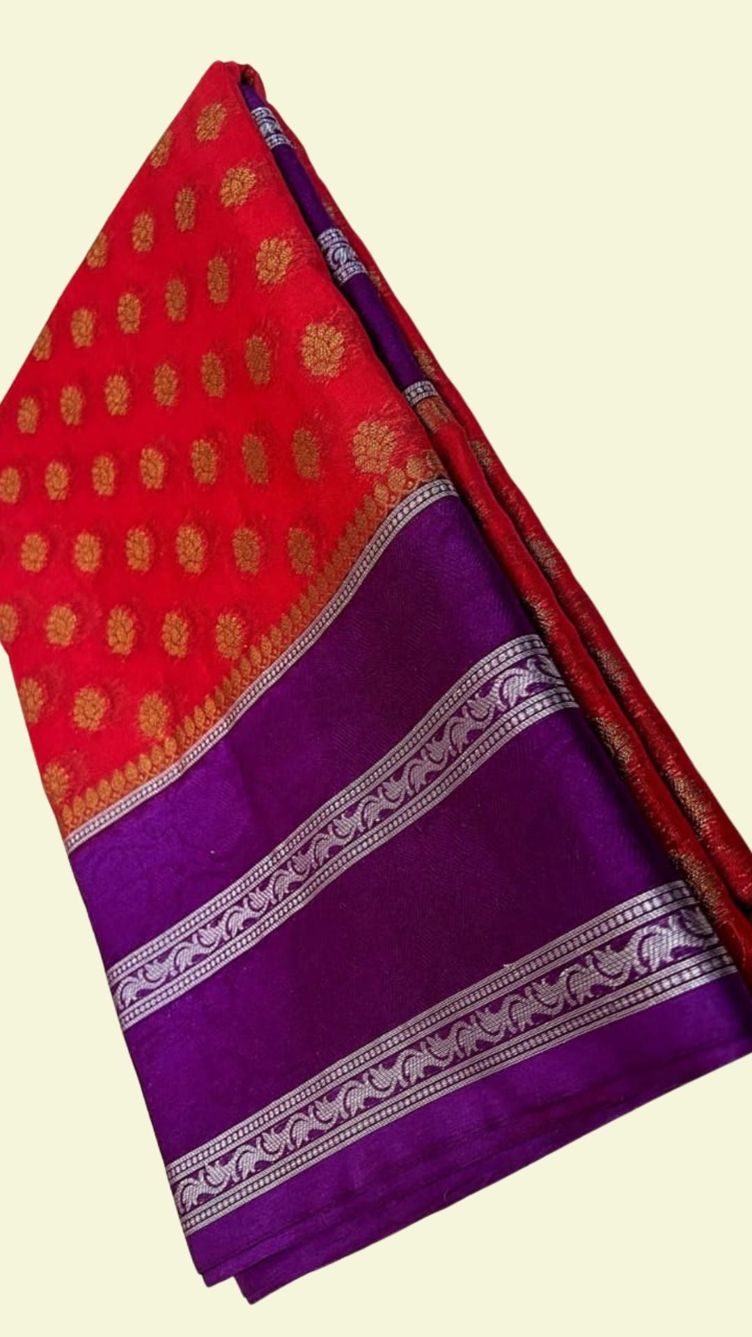 Red & Purple Raw Mango Silk Saree with Zari Booti Work & Designer Border