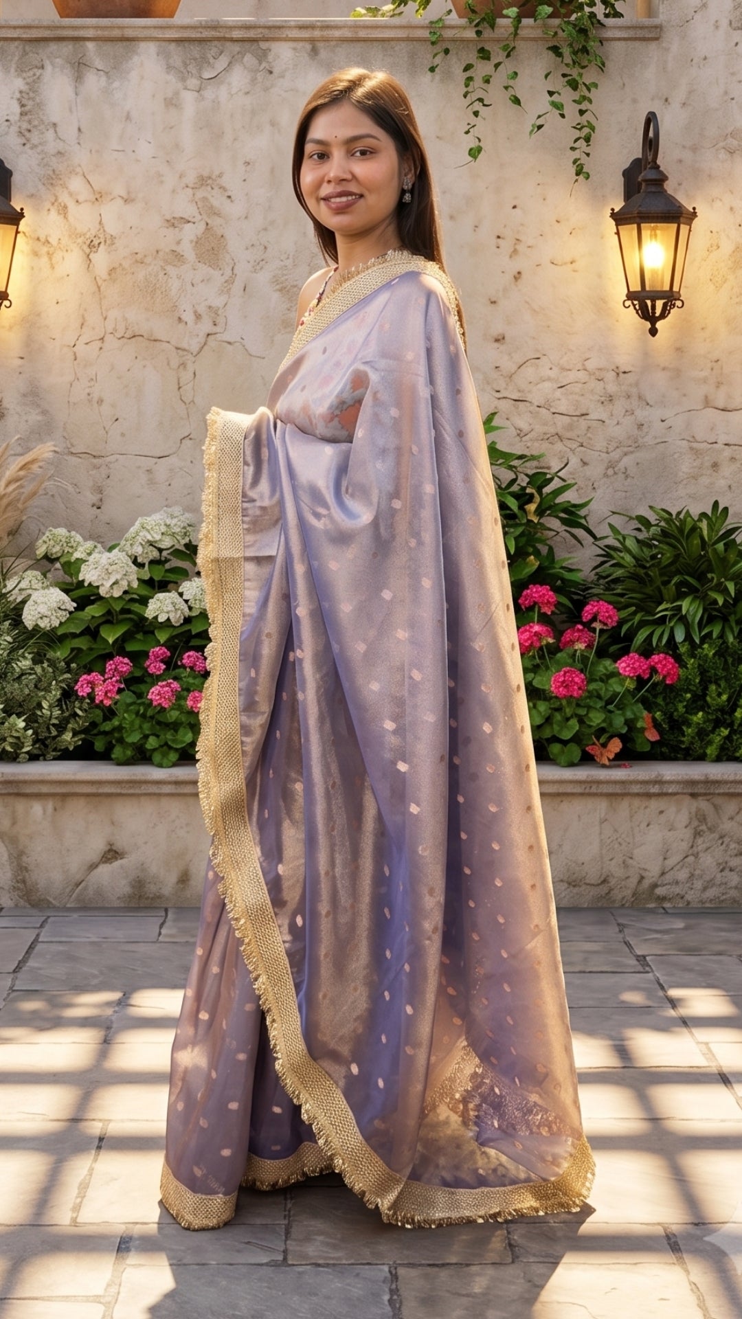 Lavender Tissue Silk Saree with Elegant Golden Lace Border