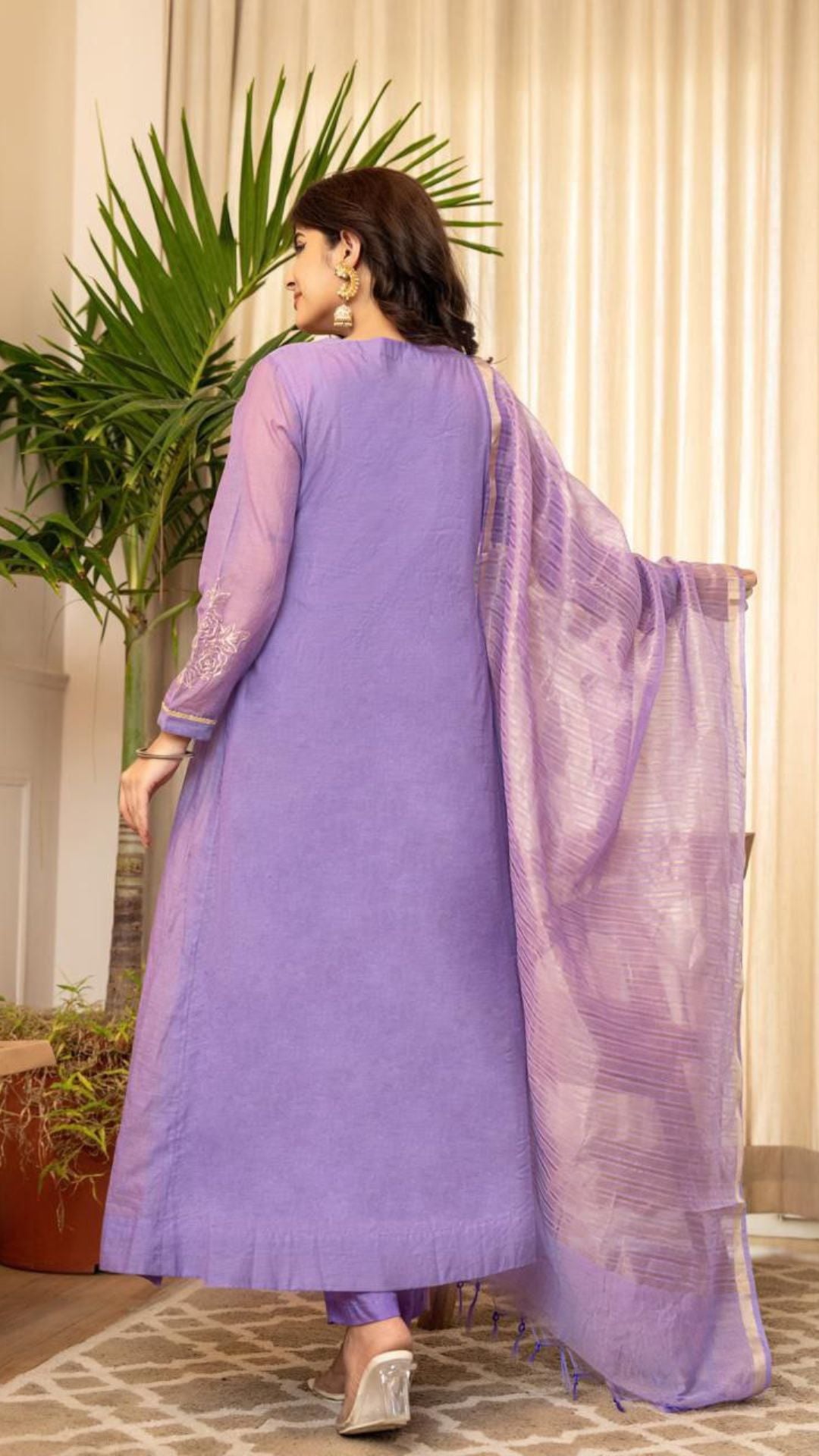 Lavender Premium Mul Chanderi Embroidered Anarkali Kurta Pant Set with Banarasi Dupatta