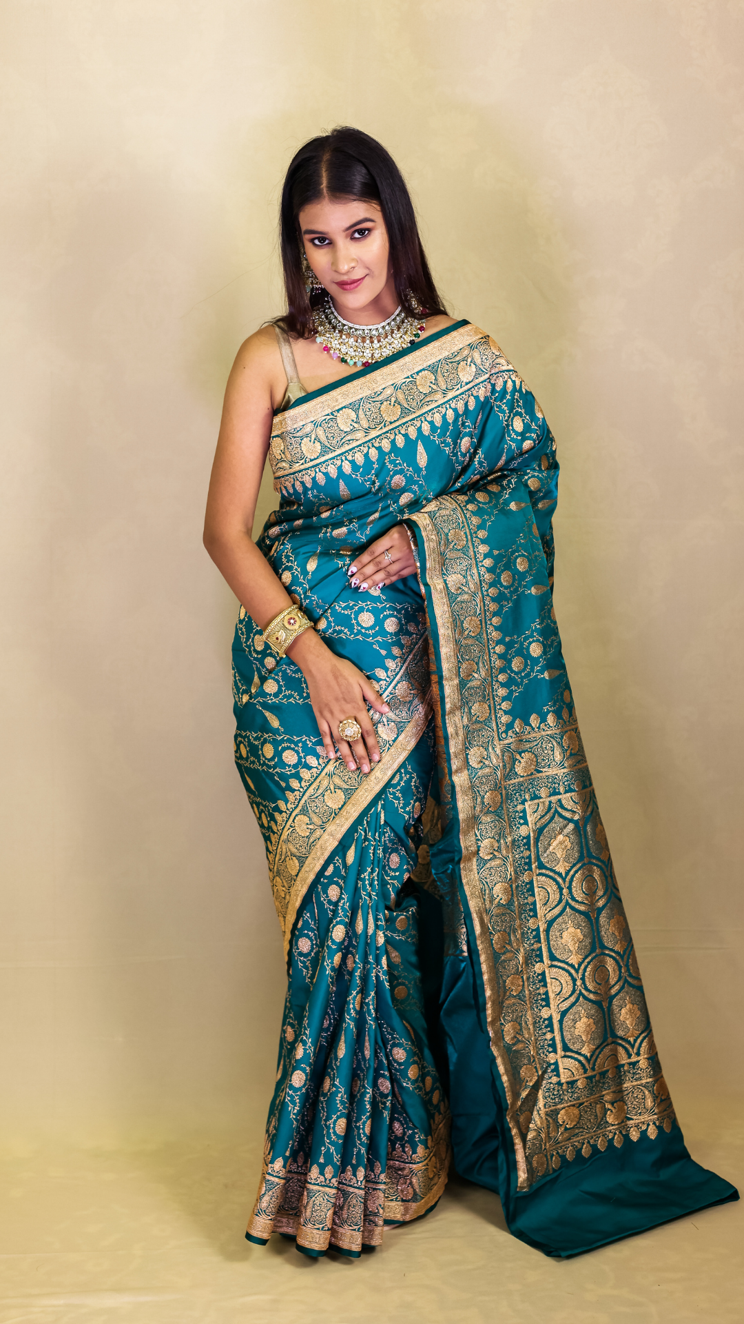 Peacock Teal Banarasi Silk Saree with Antique Zari Weave