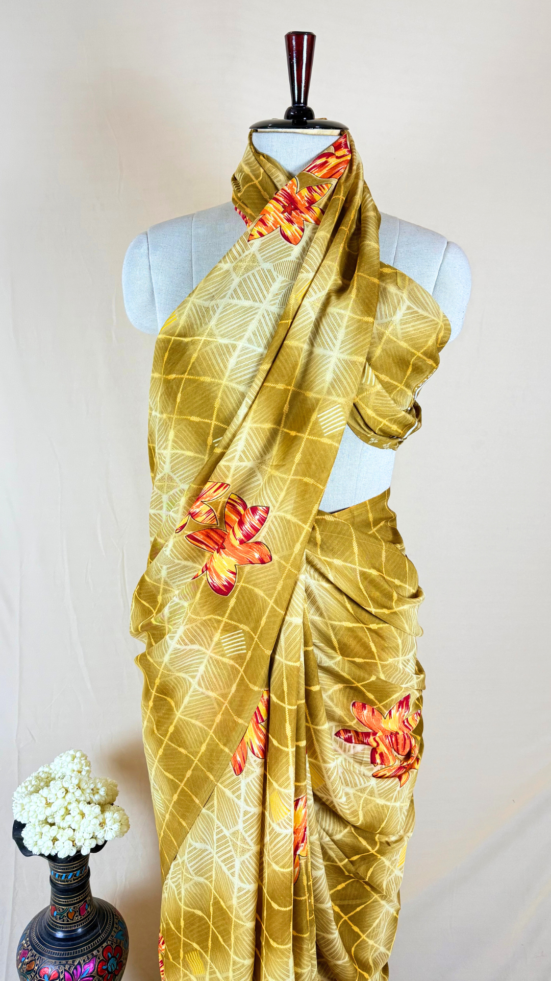 Floral Print Banarasi Georgette Saree (Mustard)