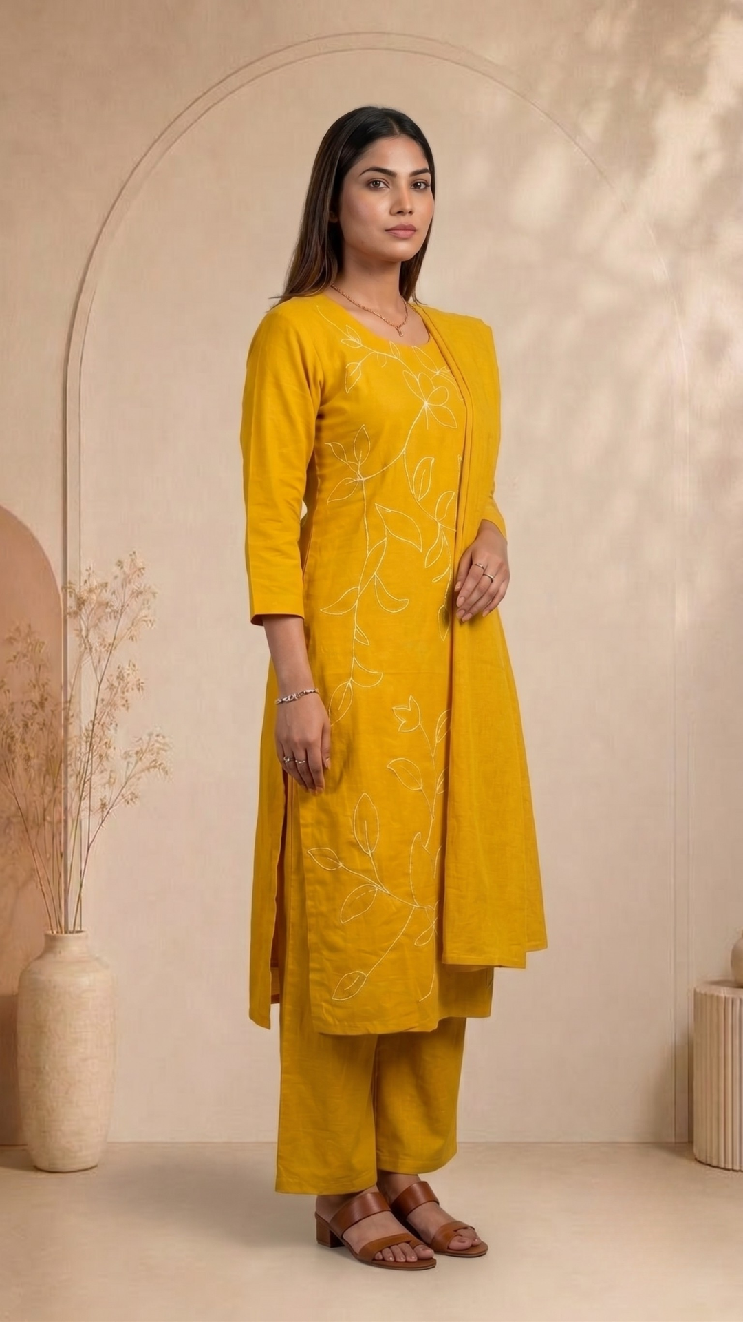 Banarashe Mustard Embroidered Silk Blend Straight Suit Set With Dupatta