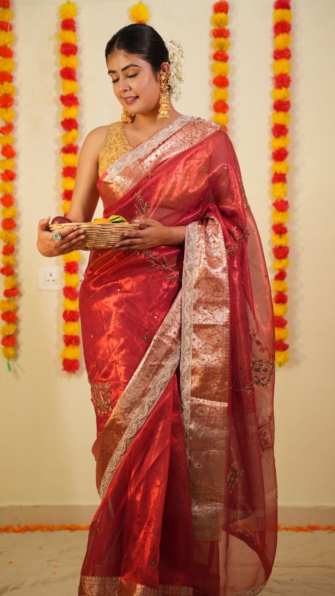 Pure Tissue Silk Lace Work Gota Patti Banarasi Saree With Intricate Zari Work