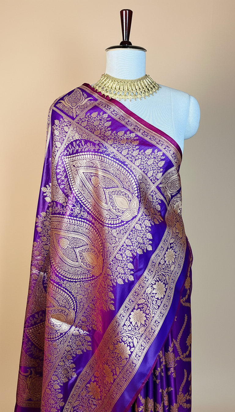 Majestic Purple & Gold Silk Saree - Banarasi Brocade Weave