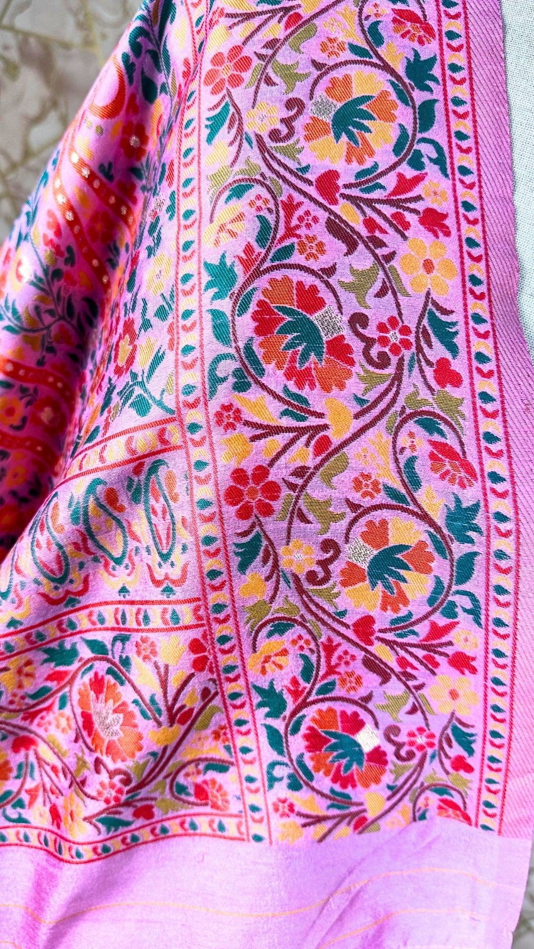 Exquisite Pink Floral Digital Print Saree with Gold Woven Border