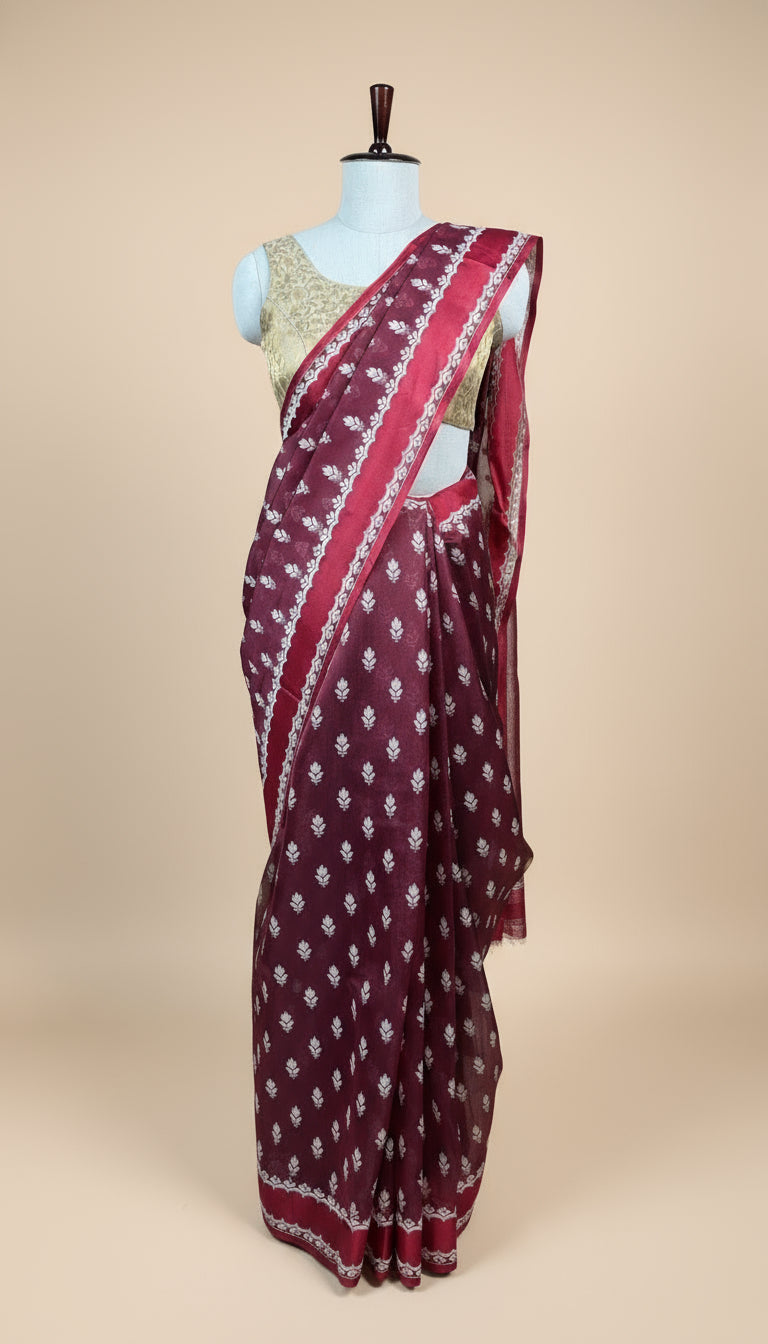 Elegant Maroon Georgette Saree with White Boota Work