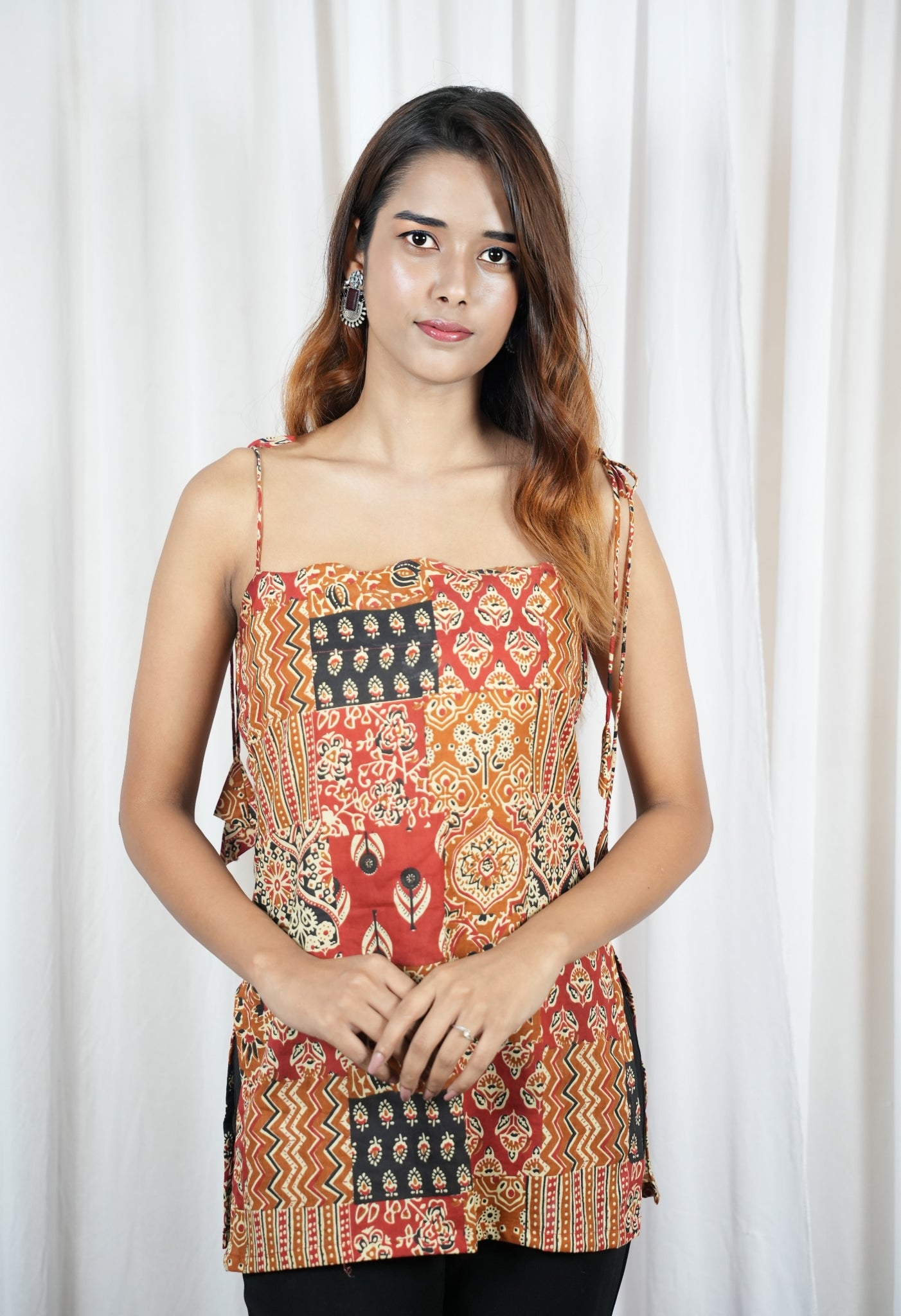 Women's Ethnic Patchwork Print Spaghetti Strap Tunic Top