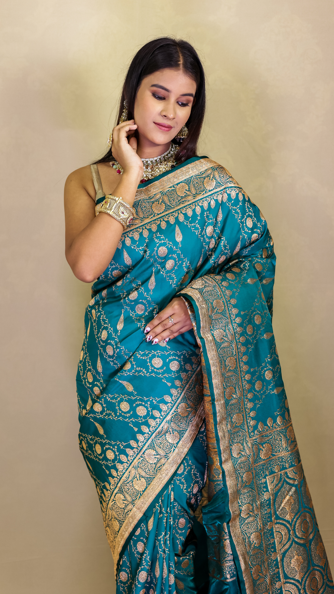 Peacock Teal Banarasi Silk Saree with Antique Zari Weave