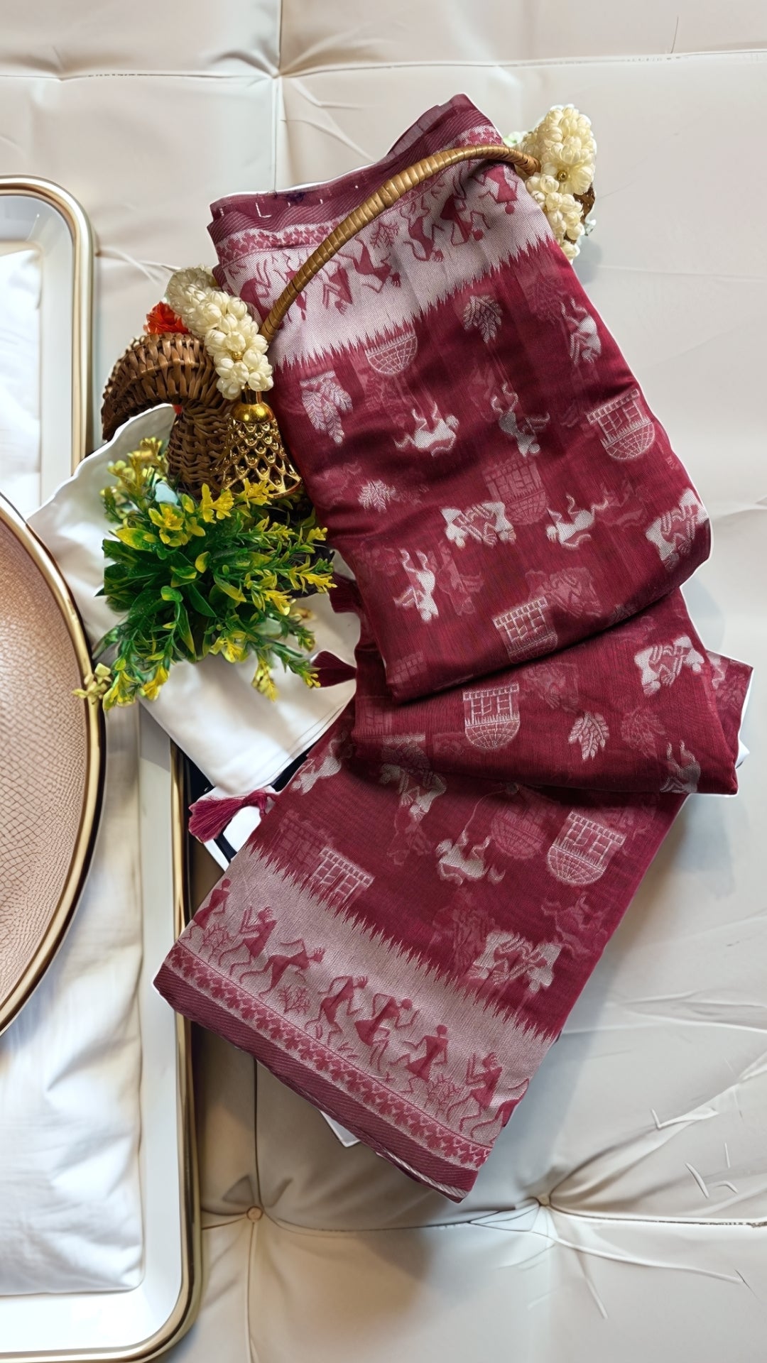 Banarashe Pure Cotton Banarasi Saree in Deep Red with Folk Motifs