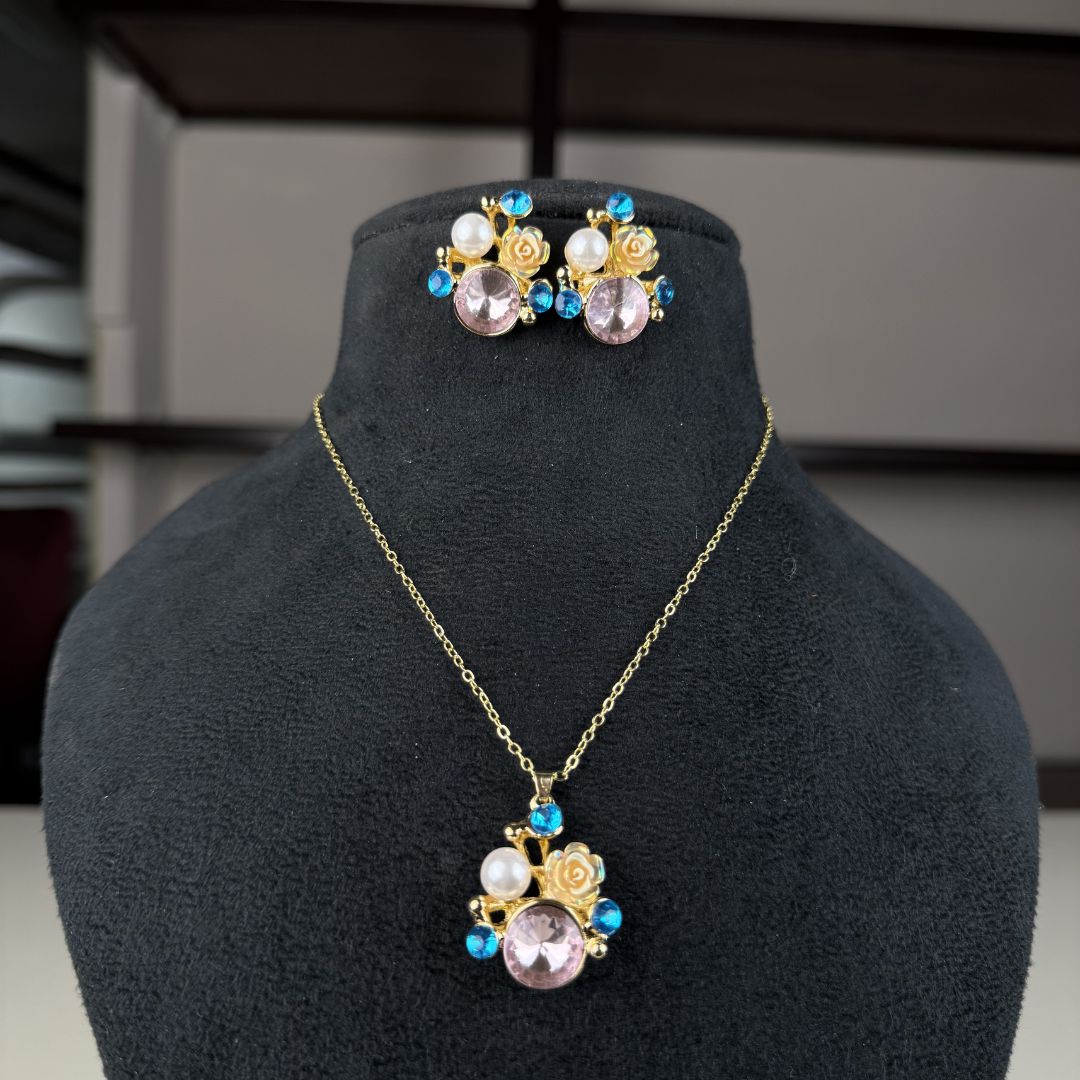 Pastel Blossom Gold-Plated Pendant Set with Earrings
