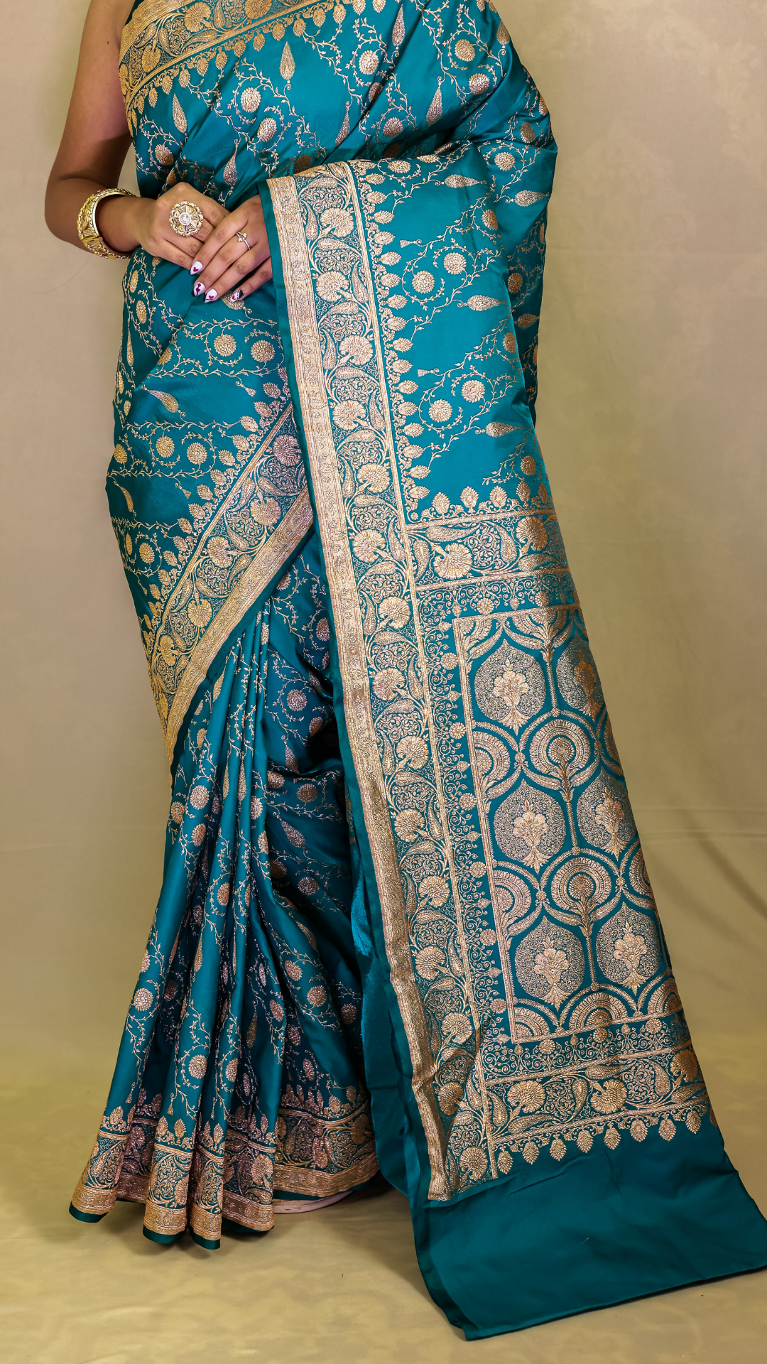 Peacock Teal Banarasi Silk Saree with Antique Zari Weave