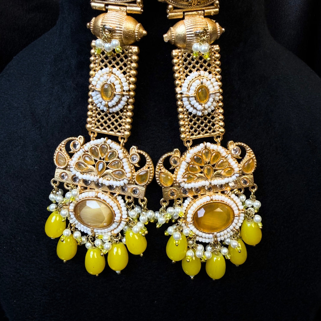 Kashmiri Long Traditional Earrings Yellow Colours