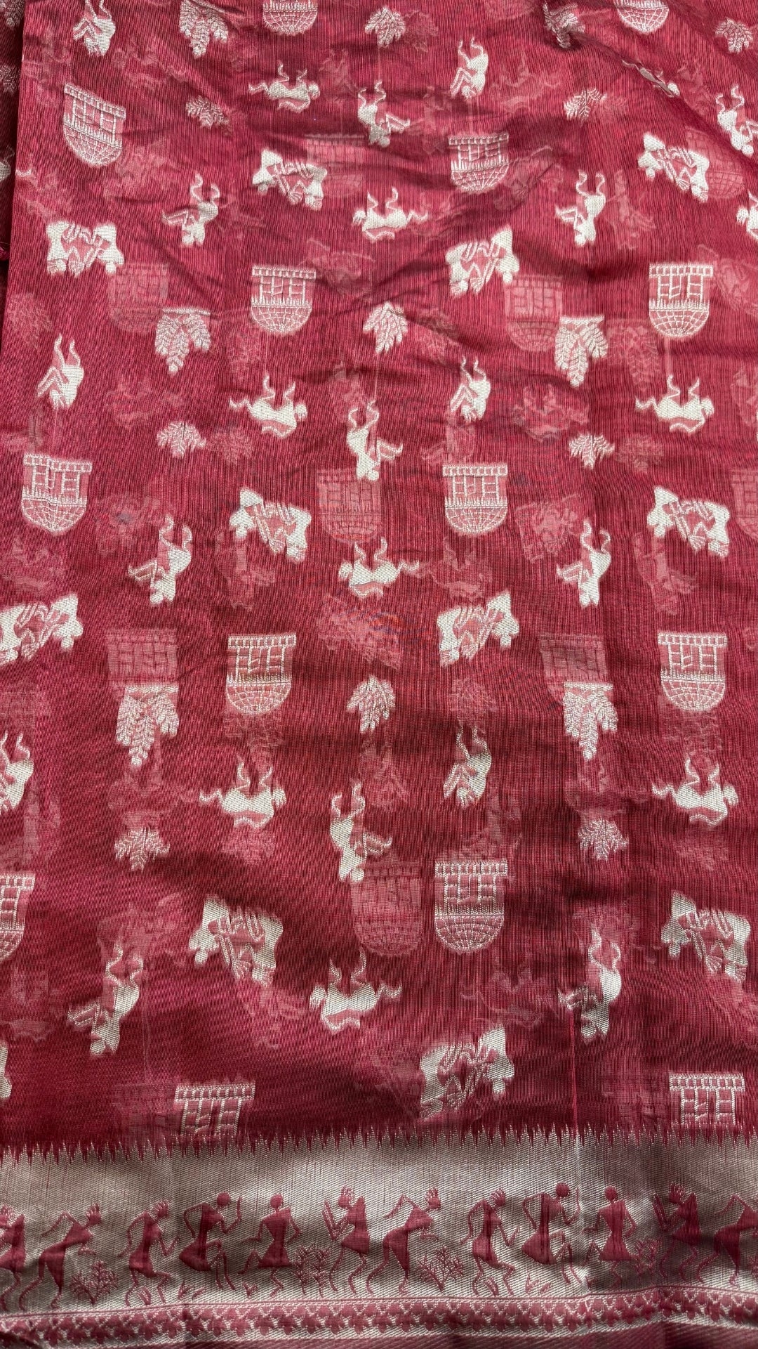 Banarashe Pure Cotton Banarasi Saree in Deep Red with Folk Motifs