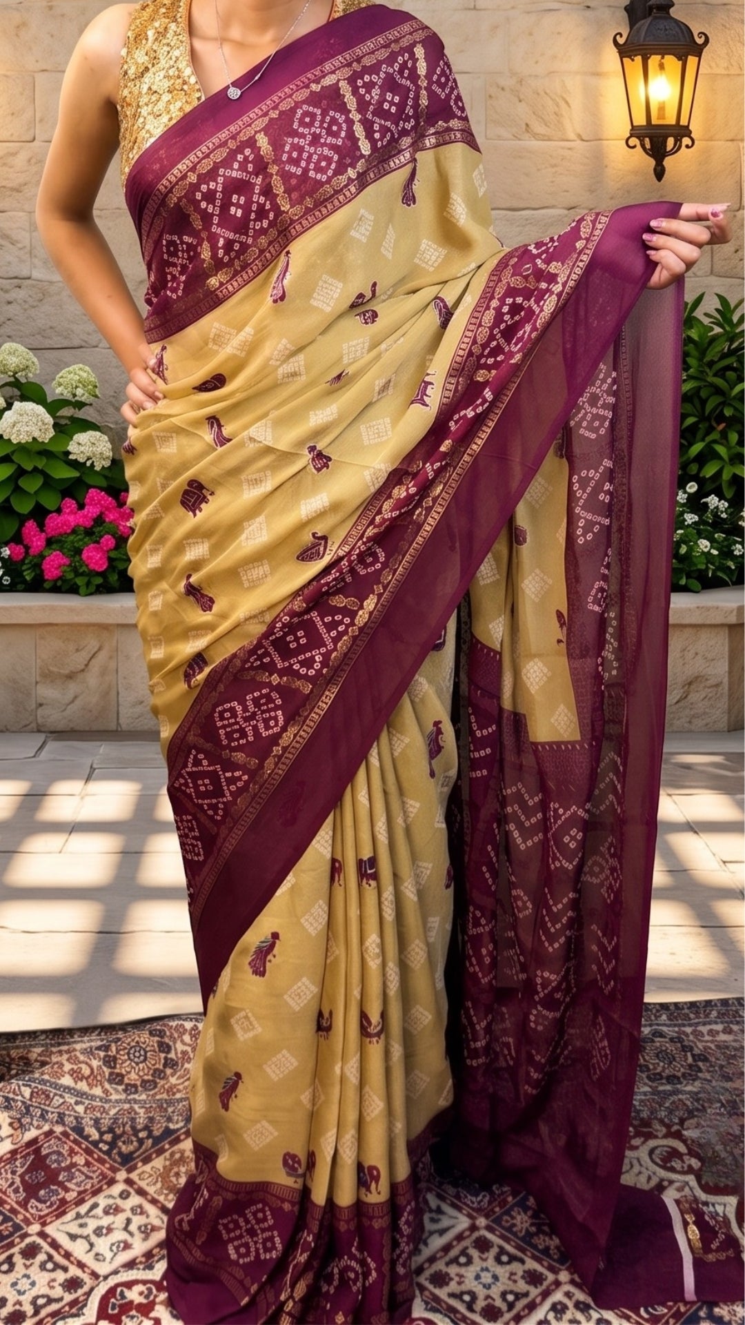 Banarashe Mustard Yellow & Wine Bandhani Saree with Printed Border