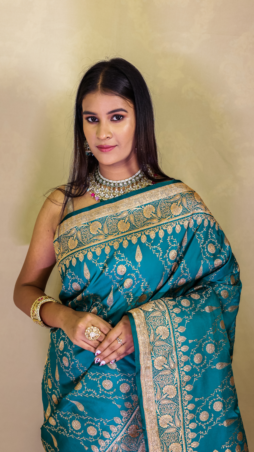 Peacock Teal Banarasi Silk Saree with Antique Zari Weave