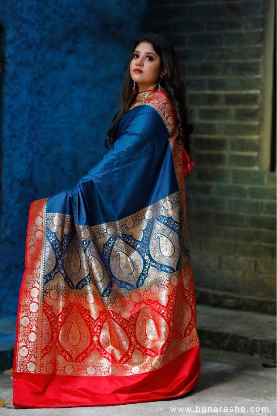 Blue and Red with Zari Art Handloom Katan Pure Silk Saree
