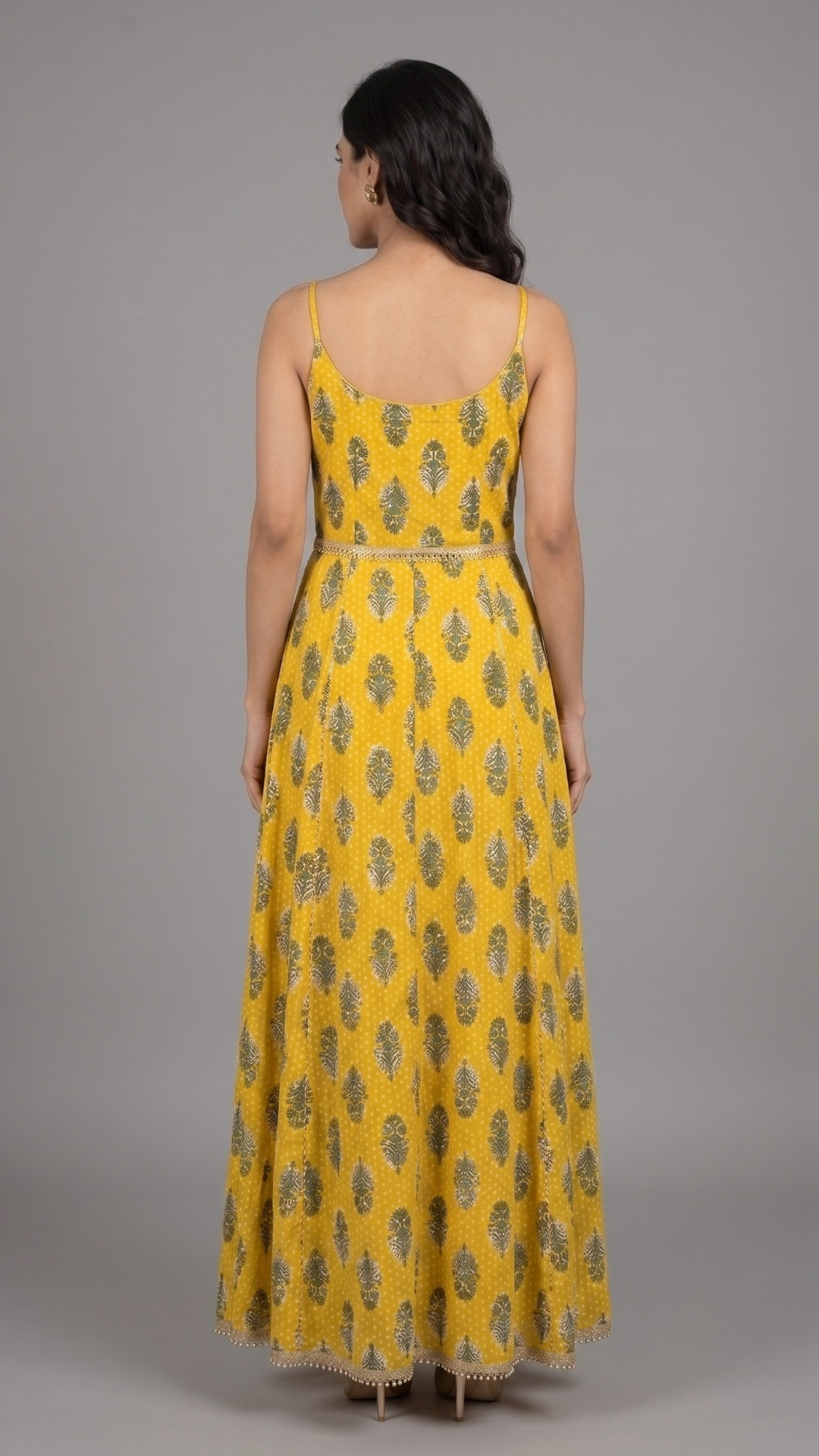 Banarashe Women’s Vibrant Yellow Botanical Print Flared Maxi Dress