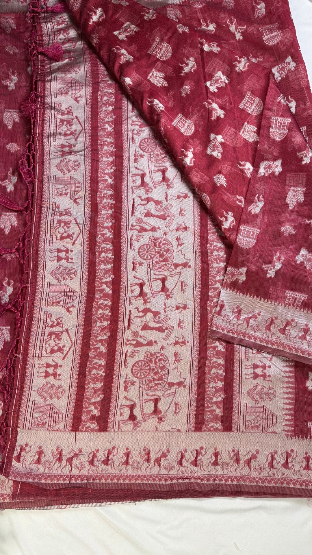 Banarashe Pure Cotton Banarasi Saree in Deep Red with Folk Motifs