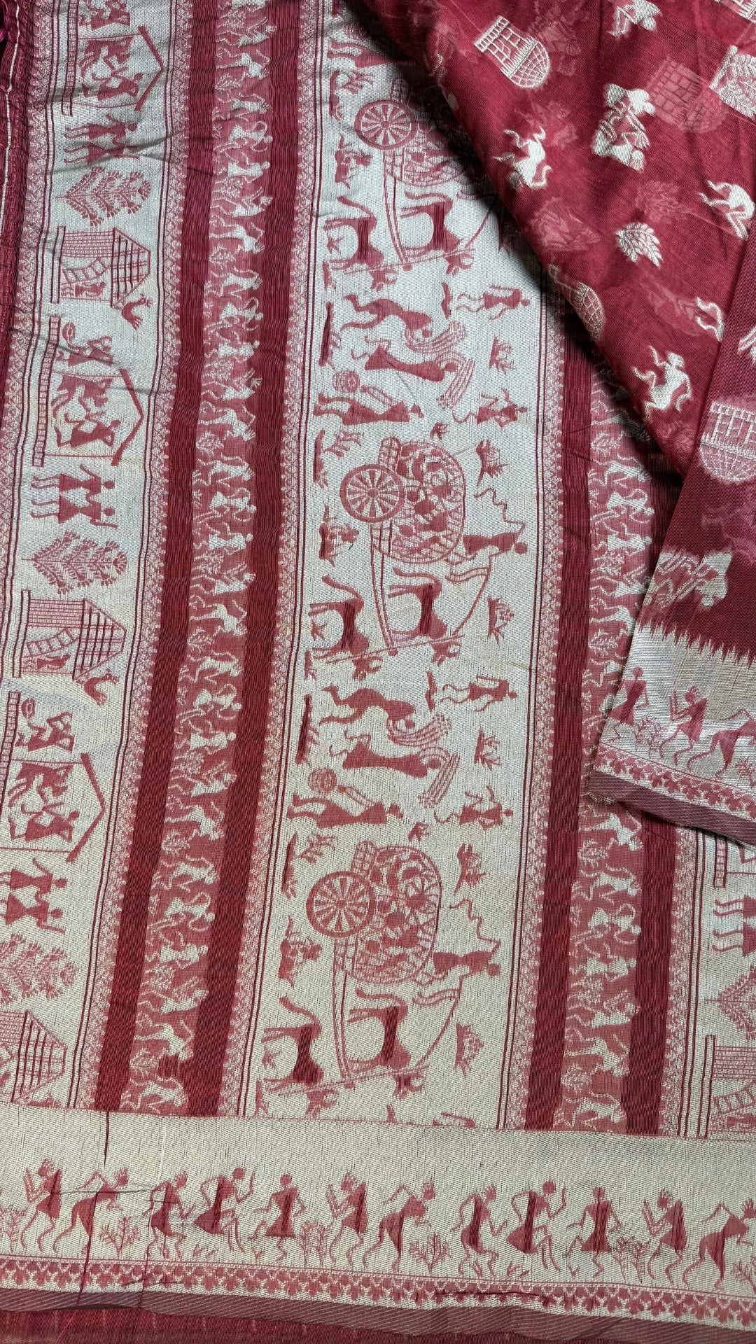 Banarashe Pure Cotton Banarasi Saree in Deep Red with Folk Motifs