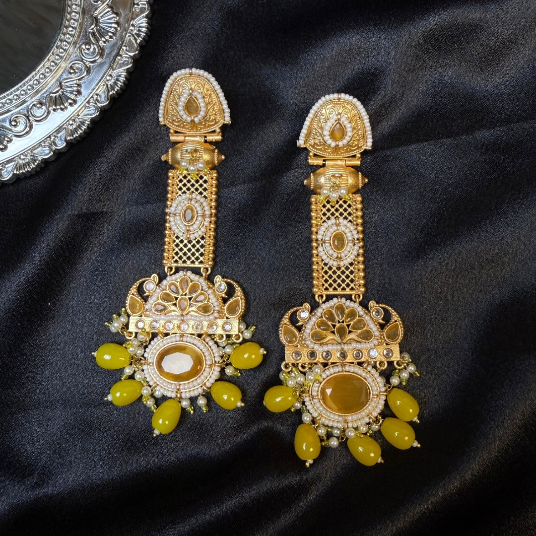 Kashmiri Long Traditional Earrings Yellow Colours