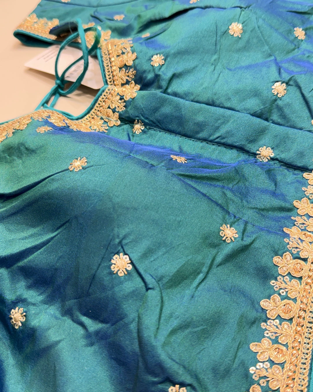 Teal Silk Blouse with Gold Zari & Sequin Embroidery