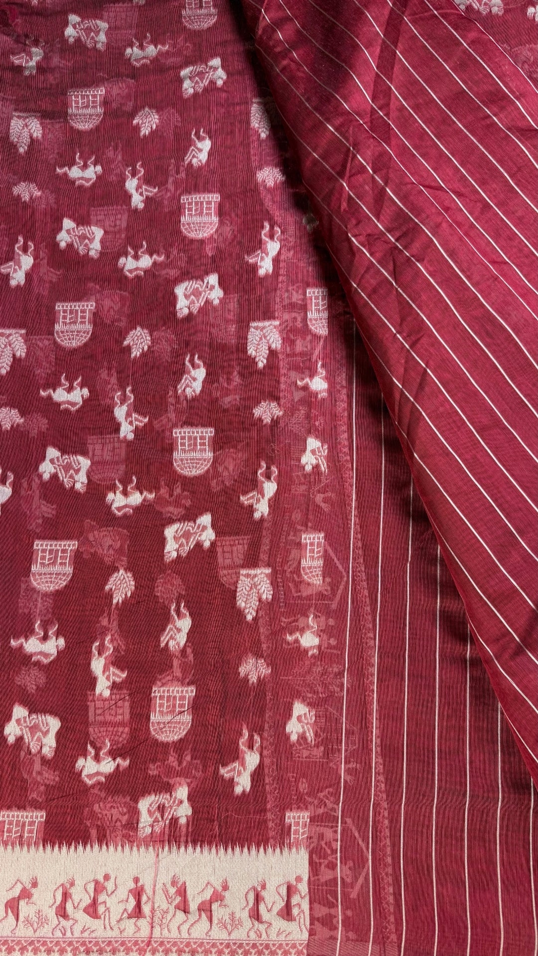 Banarashe Pure Cotton Banarasi Saree in Deep Red with Folk Motifs