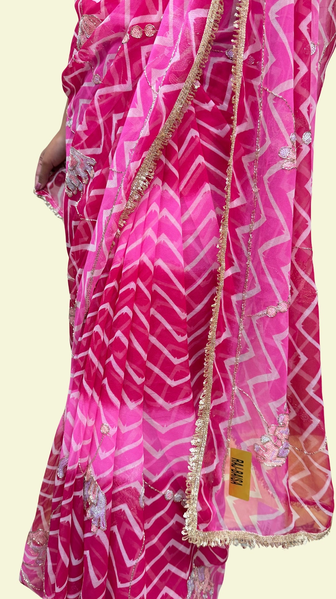Hot Pink Printed Embellished Chiffon Saree