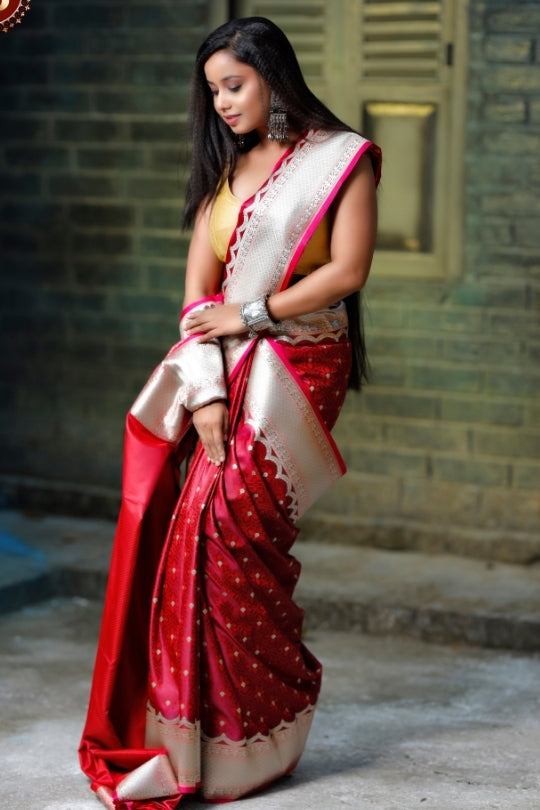 Red and Silver with Zari Art Handloom Katan Pure Silk Saree